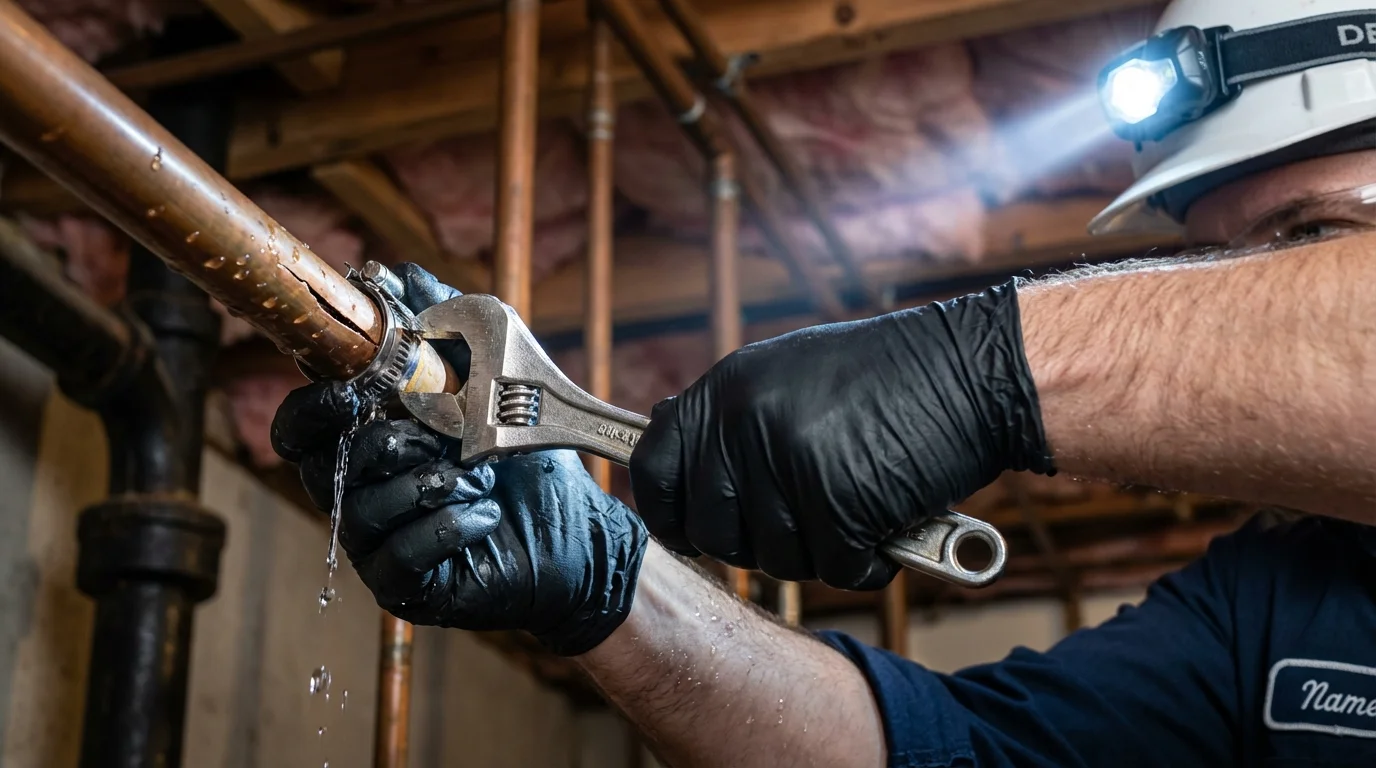 Emergency pipe clamp repair being performed by a Johns Plumbing LLC plumber in Charlestown