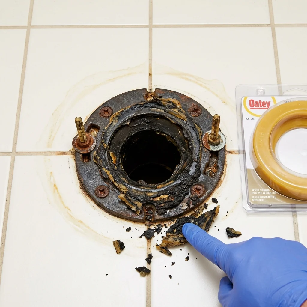 Failed wax ring showing water seepage at the base of a toilet in a Charlestown, NH home