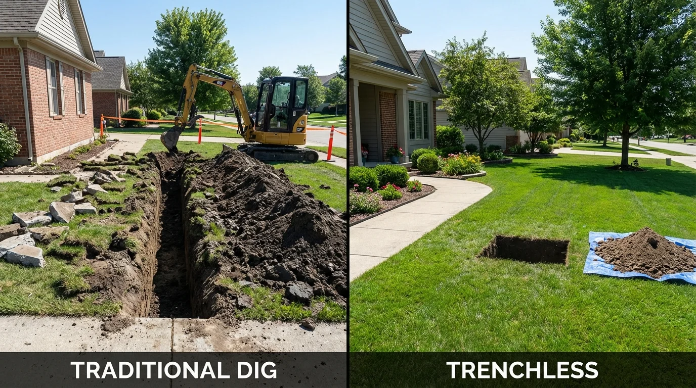 Trenchless sewer repair with minimal yard damage versus traditional excavation in Charlestown, NH