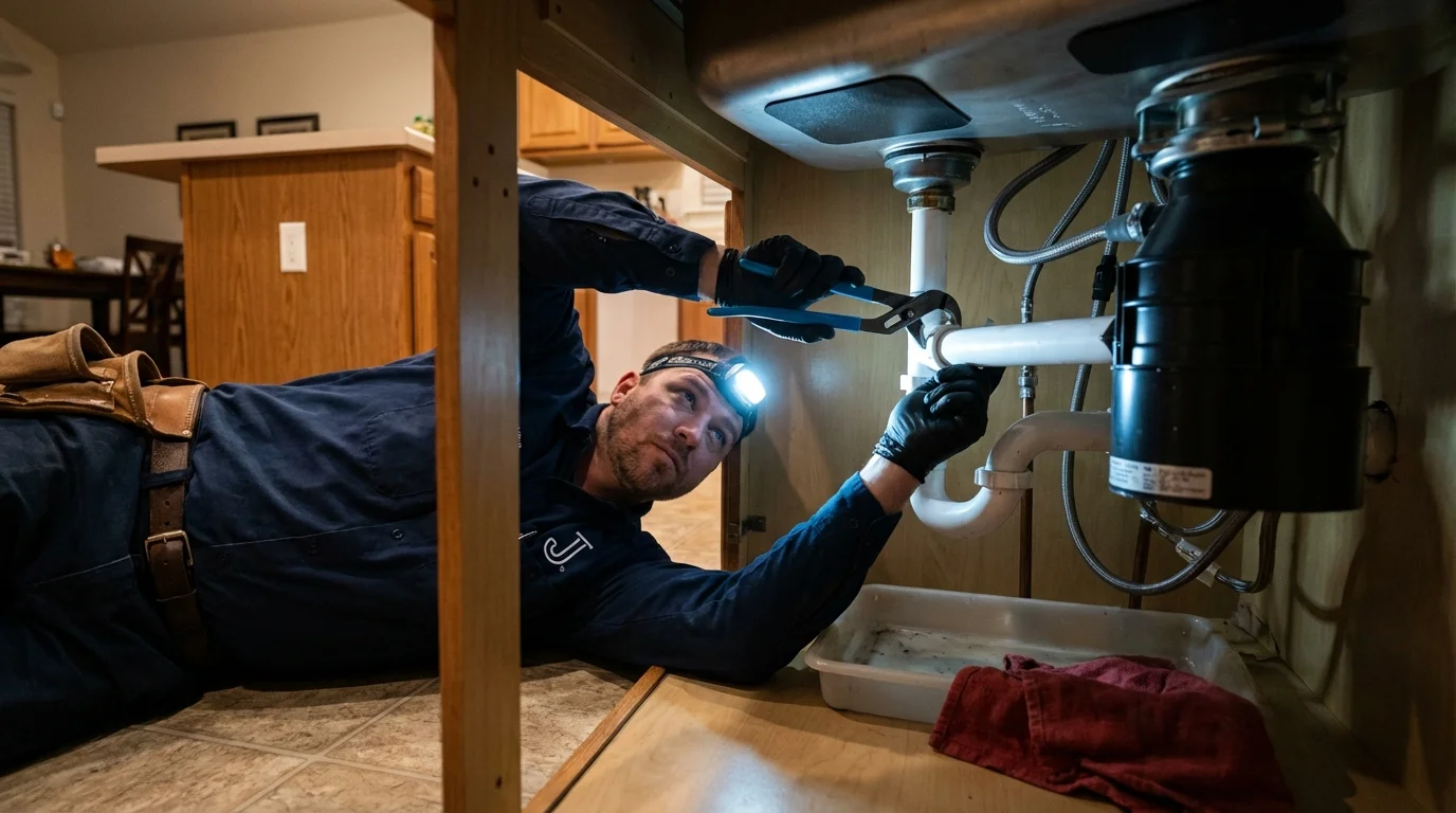 P-trap and supply line connections under a kitchen sink showing a common leak point in Charlestown, NH